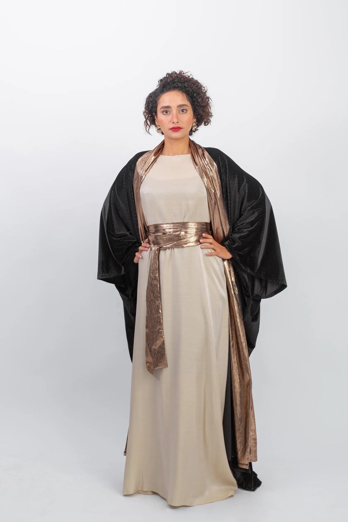 Elegant chic black kaftan with gold highlight - Bisht Couture