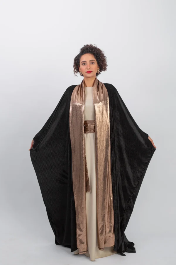 Elegant chic velvet black kaftan with gold highlight by BISHT