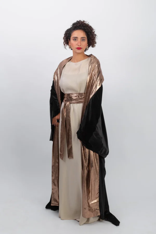 Black velvet kaftan with bronze wrap by BISHT